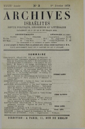 Archives israélites de France. Vol.39 N°03 (01 févr. 1878)